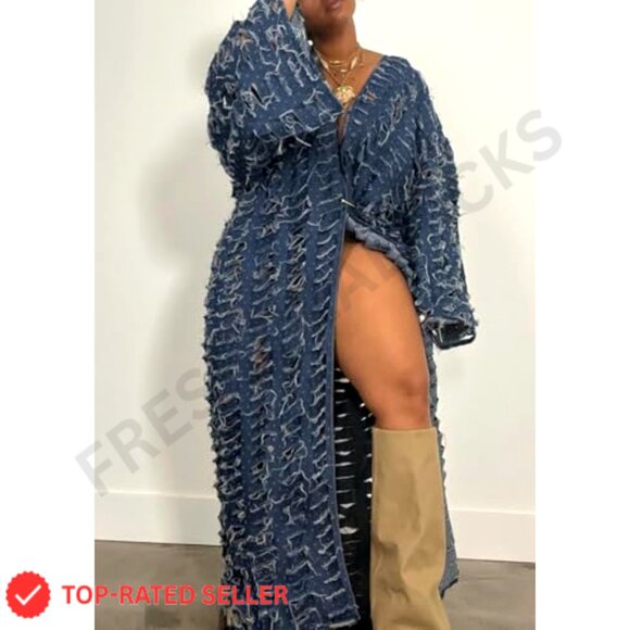 Oversized Ripped Denim Long Cardigan Distressed Hollow Open Front Duster - Picture 2 of 7